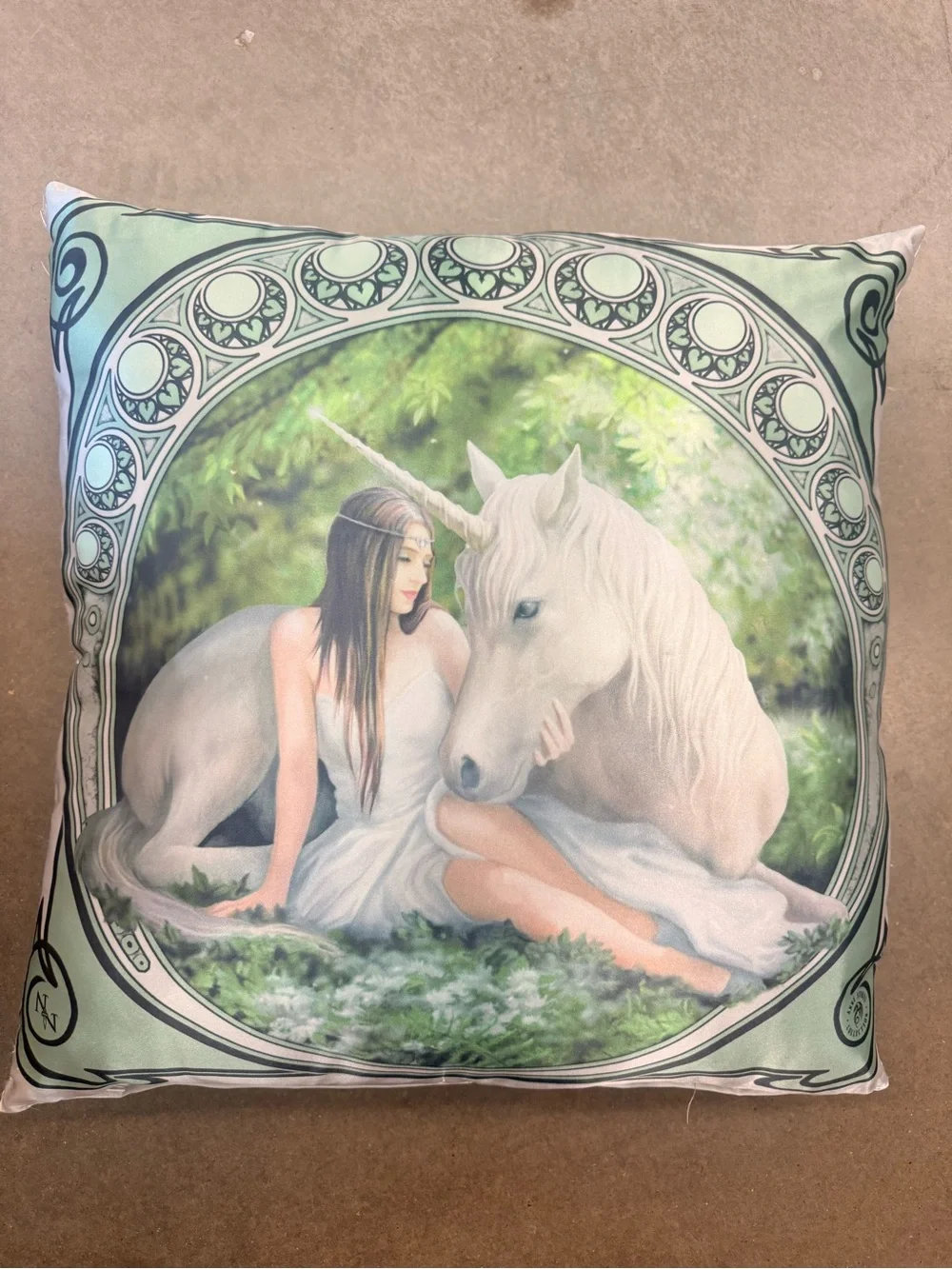 Silk White Unicorn & Maiden Decorative Throw Pillow - Mint Accent